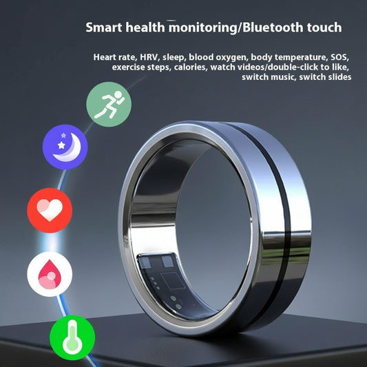 Smart health monitoring ring with Bluetooth touch features on a dark background